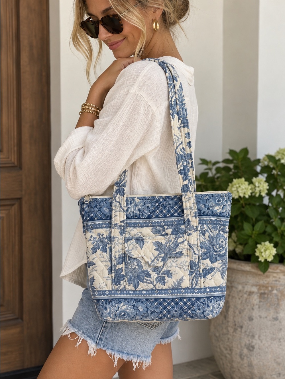 Vintage Vera Bradley Blue Floral Quilted Tote Shoulder Bag
